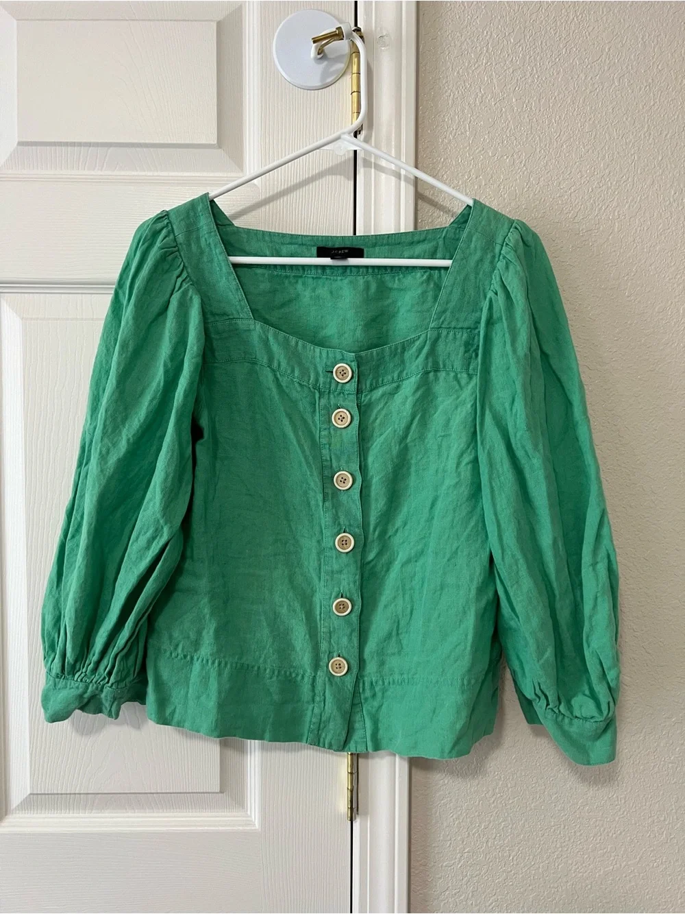 J.Crew Green 100% Linen Button Front Puff Sleeve Blouse Top Small BG249